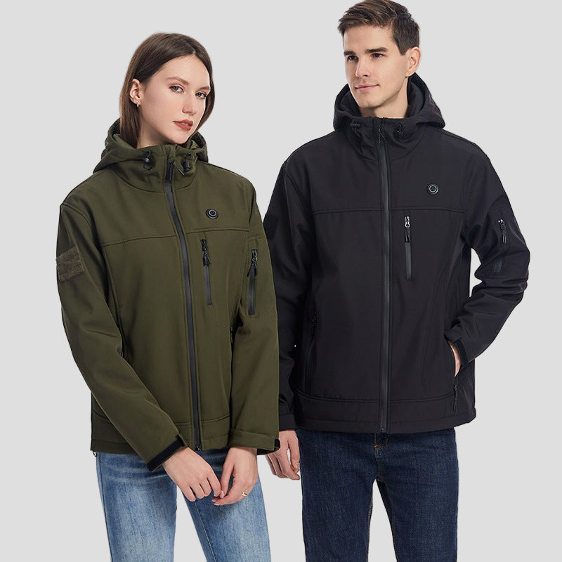 men and women's black and green Heated Hooded Softshell Jacket