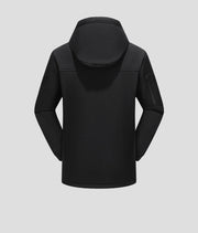 men's black Heated Hooded Softshell Jacket back hood and zip on arm