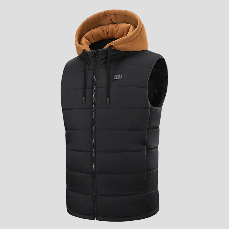 Mens coffee zip Hooded Heated Vest with drawstring