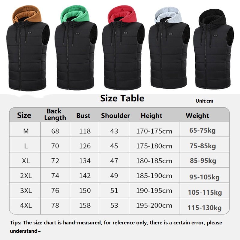 15 Area Hooded Heated Vest size guide