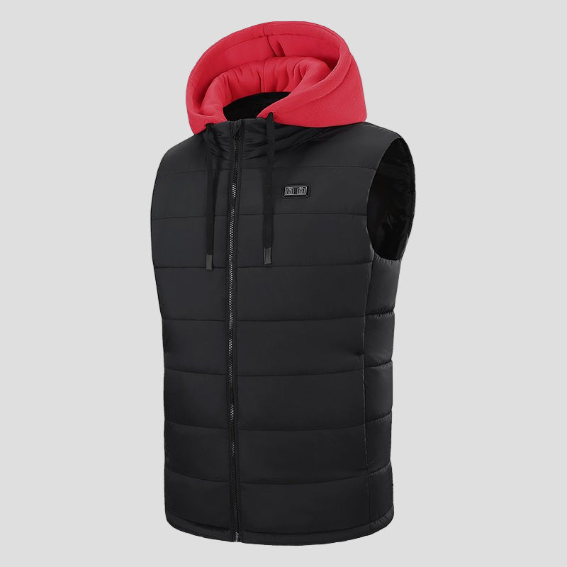 Mens red zip Hooded Heated Vest with drawstring