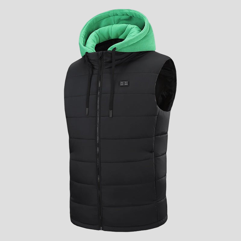 Mens light green zip Hooded Heated Vest with drawstring
