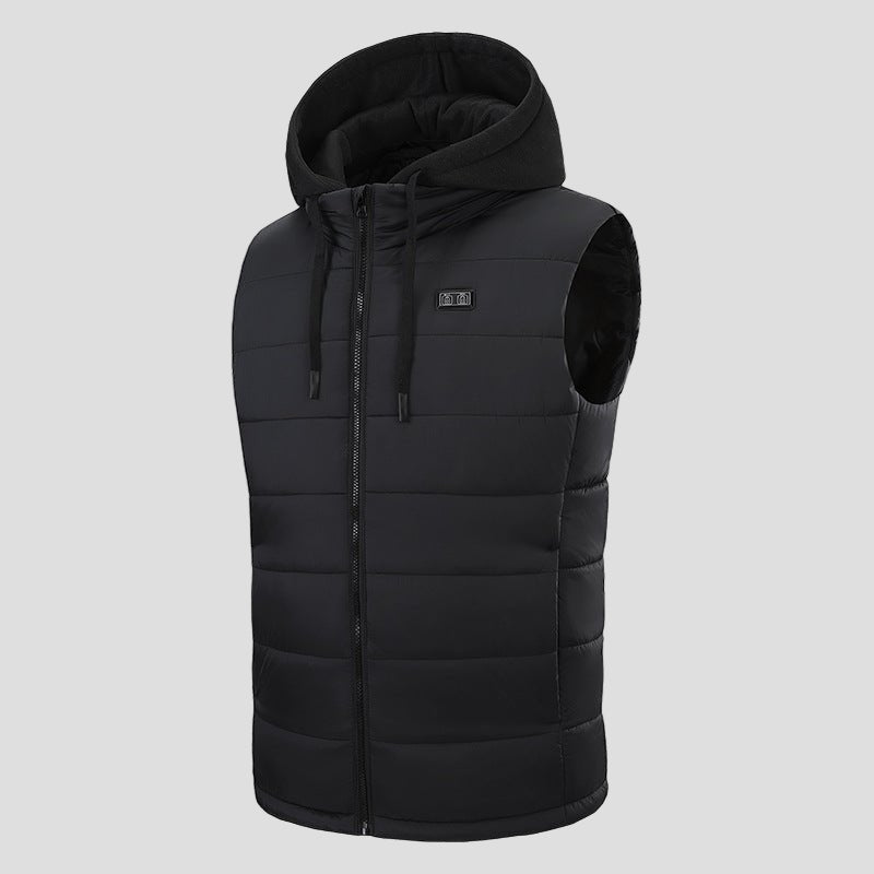 Mens black zip Hooded Heated Vest with drawstring