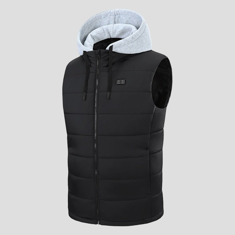 Mens Gray zip Hooded Heated Vest with drawstring