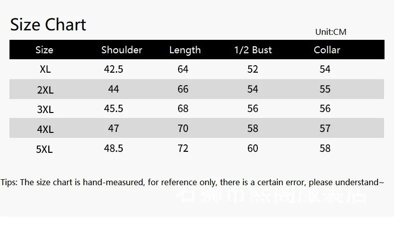 Size chart for clothing measurements in centimeters