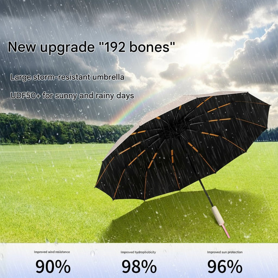 Black umbrella with beige handle on grassy field under blue sky, featuring text about its features. 192 Bone Sun Protection Umbrella UPF 50+