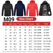 Four jackets in black, blue, red, and black with size chart below on a white background