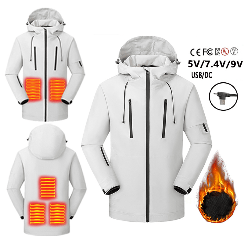 white hooded Heated Outdoor Jacket with 5 heat zones, hood and zips