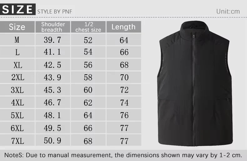Black vest with size chart on a gray background