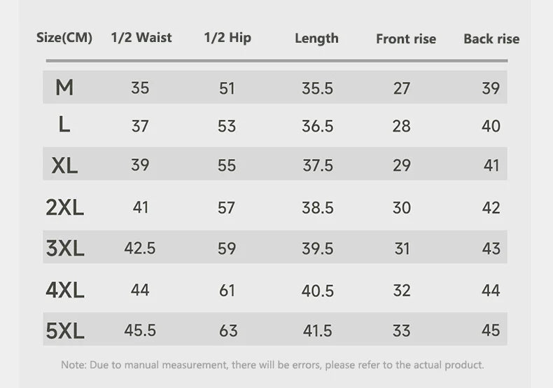 Size chart for pants with measurements in centimeters