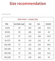 Size chart for unisex clothing with measurements in centimeters