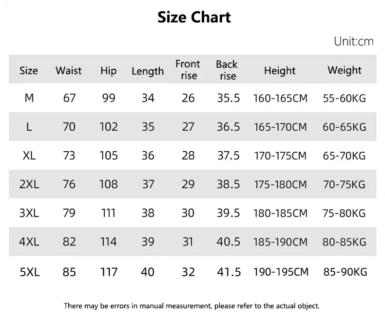 Size chart for clothing measurements in centimeters