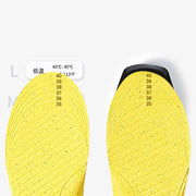 Yellow shoe insole with temperature label and size markings on a white background