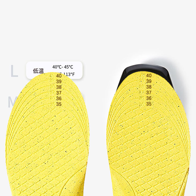Yellow shoe insole with temperature label and size markings on a white background