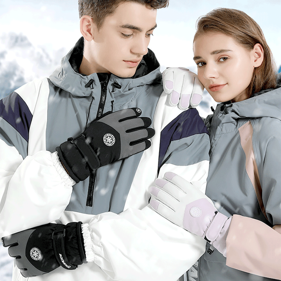two people wearing Fleece Waterproof Thermal Ski Gloves with snowy background