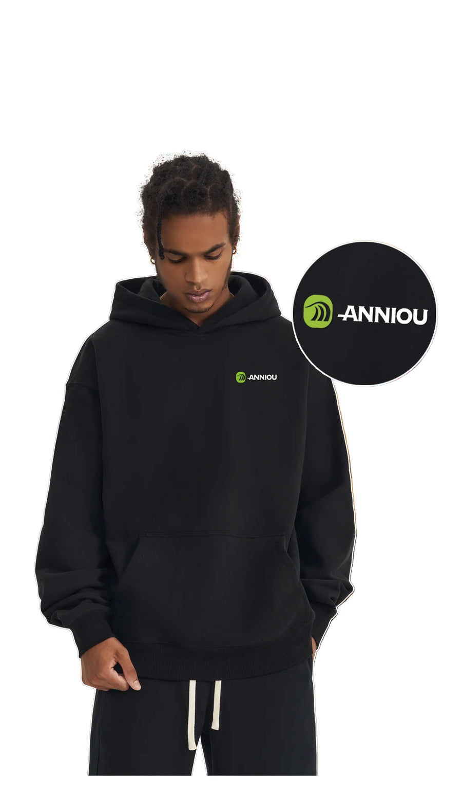 Person wearing a black hoodie with 'ANNIOU' logo on a white background