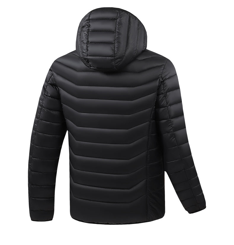 Black puffer jacket with a hood on a white background by anniou