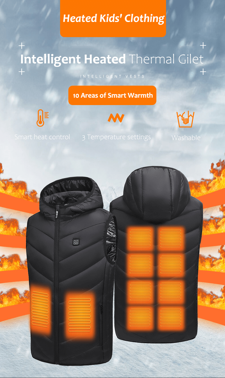 Kids Hooded Heated Gilet with 10 heat zones