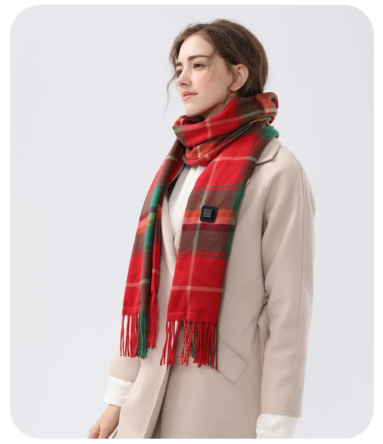 Person wearing a red plaid scarf with a plain background with heated settings