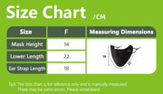 Size chart for a face mask with dimensions on a green background