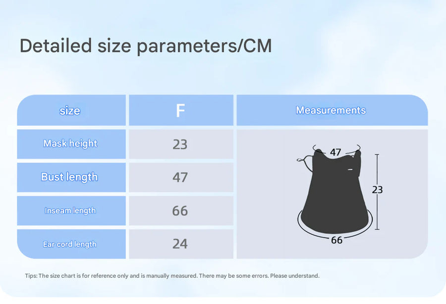 Size chart for a mask with measurements in centimeters on a light blue background