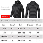 Black electric heating jacket with size chart on a white background