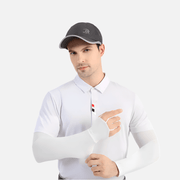 Man Wearing White Sun Protection Golf Sleeves with Anniou Branding