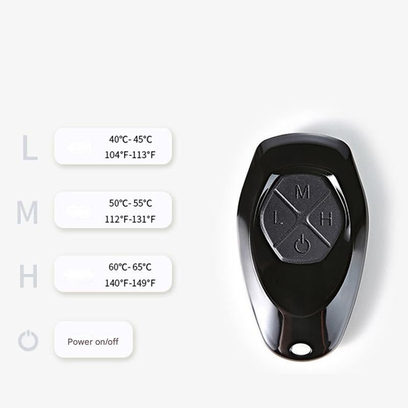 Black remote control with temperature settings on a white background