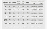 Size chart for clothing with measurements in centimeters and recommended heights/weights.