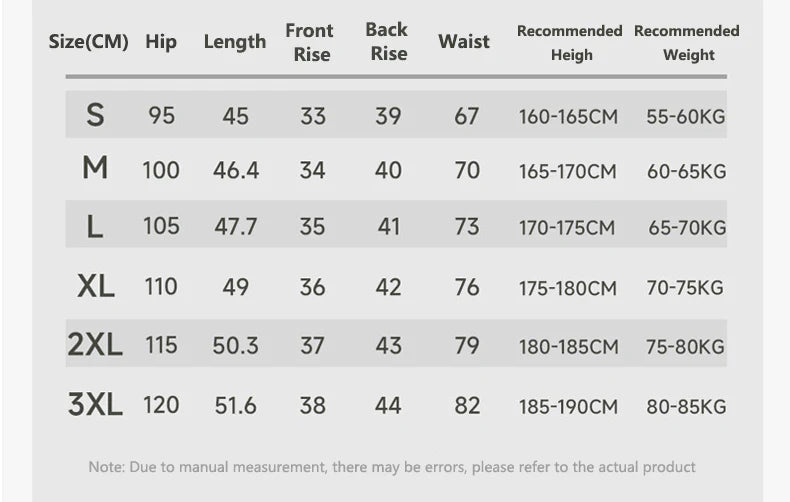 Size chart for clothing with measurements in centimeters and recommended heights/weights.