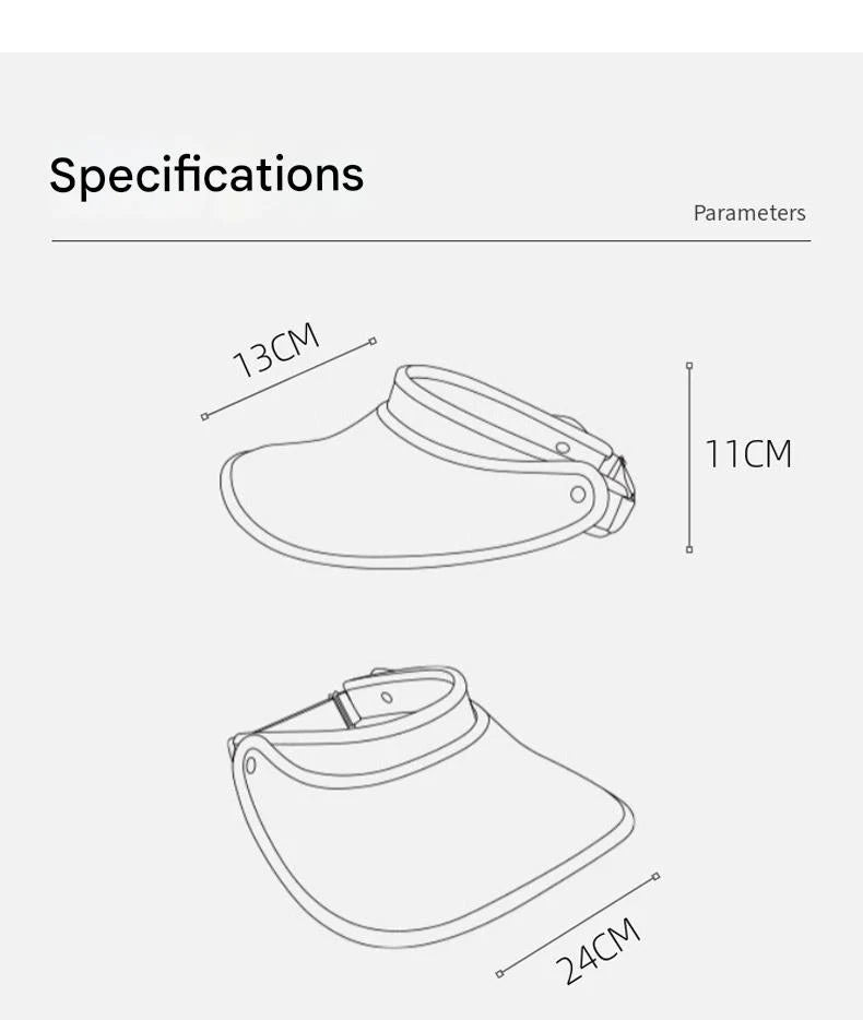 Measurement chart of a visor with dimensions labeled.