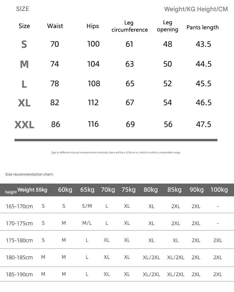 Size chart for pants with measurements in centimeters and kilograms.