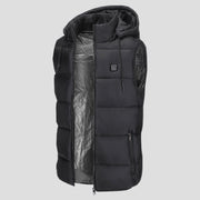 Black heated hooded puffer vest with a hood on a white background