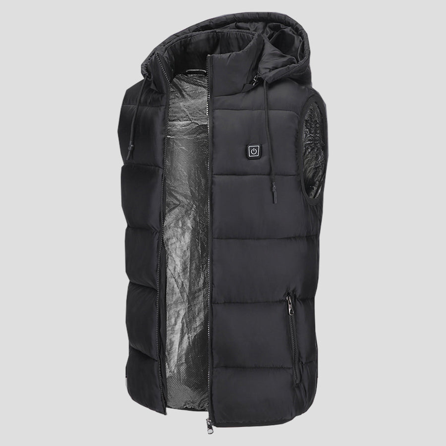 Black heated hooded puffer vest with a hood on a white background