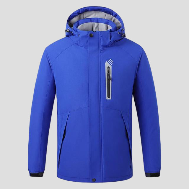 unisex blue 8 area heated ski jacket with detachable hood and zip