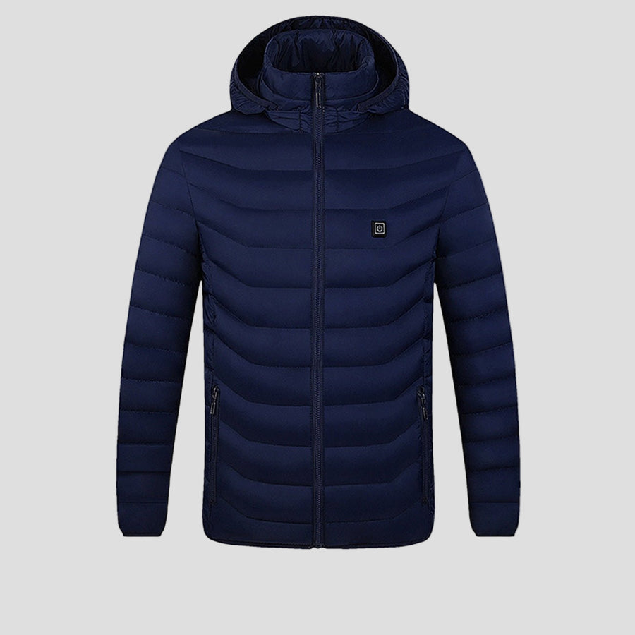 men's blue Quilted Heated Jacket with hood