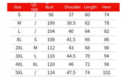Table displaying size chart for clothing with measurements in US size, bust, shoulder, length, and hem.