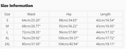 Size chart for waist, hip, and length measurements in centimeters and inches.