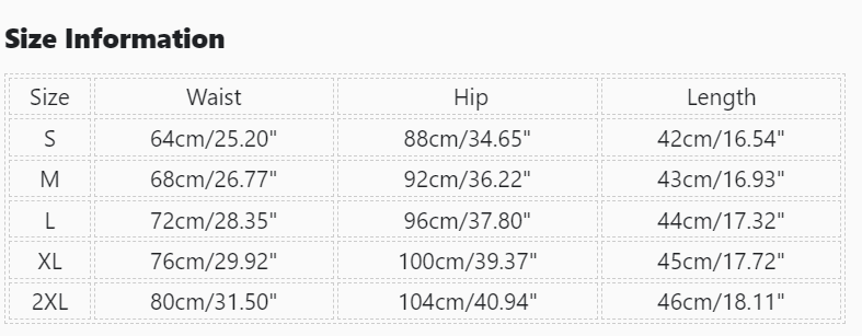 Size chart for waist, hip, and length measurements in centimeters and inches.