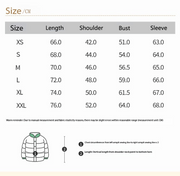 Size chart for a jacket with measurements in centimeters