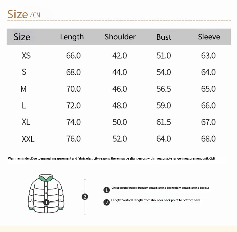 Size chart for a jacket with measurements in centimeters