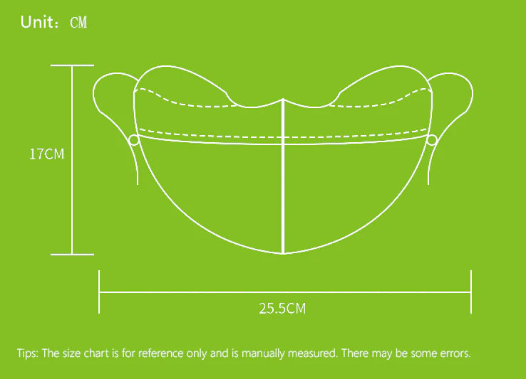 Measurement chart of a face mask on a green background