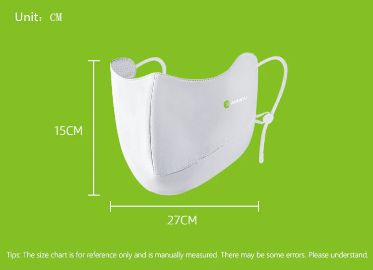 White face mask with measurements on a green background