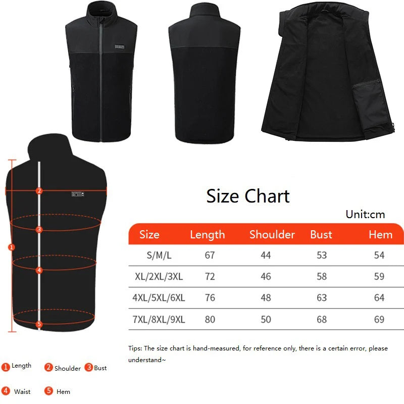 Black vest with measurements and size chart on a white background