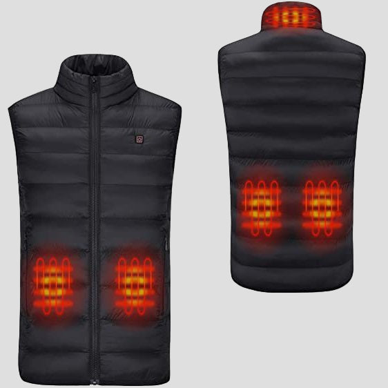 Men's black Heated Duck Down Vest with stand collar and zip