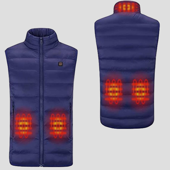 Men's Navy Blue Heated Duck Down Vest with stand collar and zip