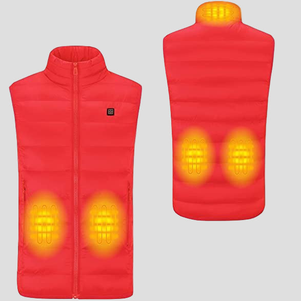 Men's red Heated Duck Down Vest with stand collar and zip
