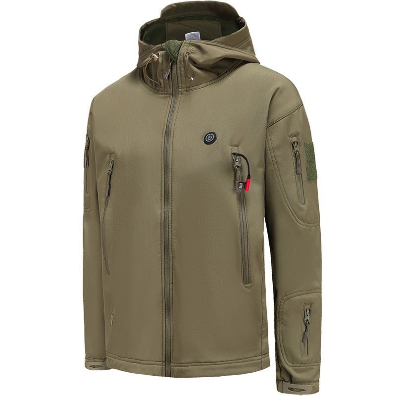 men's khaki Heated Parka Jacket with 7 heat zones, hood and zip pockets