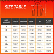 Size chart for a jacket with measurements on an orange background