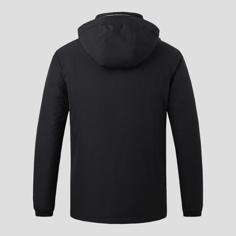 black 8 area heated ski jacket with detachable hood back